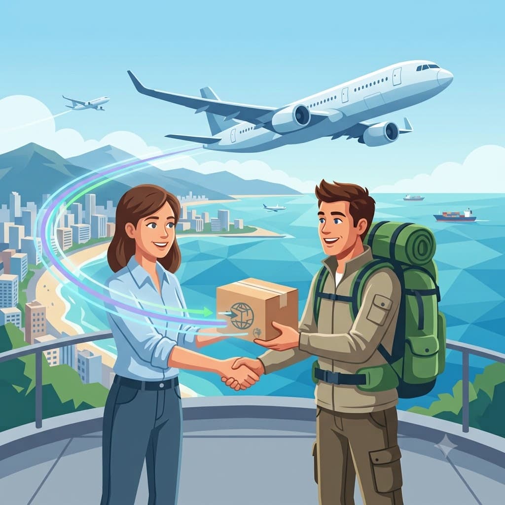 Two travelers hand over a parcel at the airport